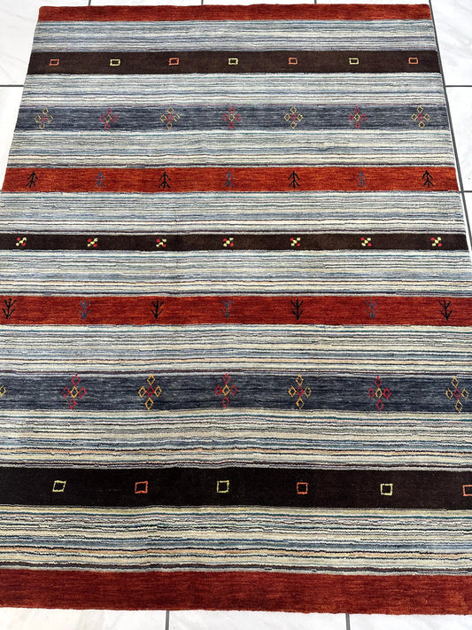 Rugistan Indo Gabbeh Wool & Bamboo Rug striped design with red and blue bands on Tampa Home & Garden Store