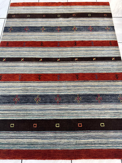 Hand-Knotted Indo-Gabbeh Wool & Bamboo Rug – 5'2" x 7' – Durable Striped Design - Tampa Home & Garden Store