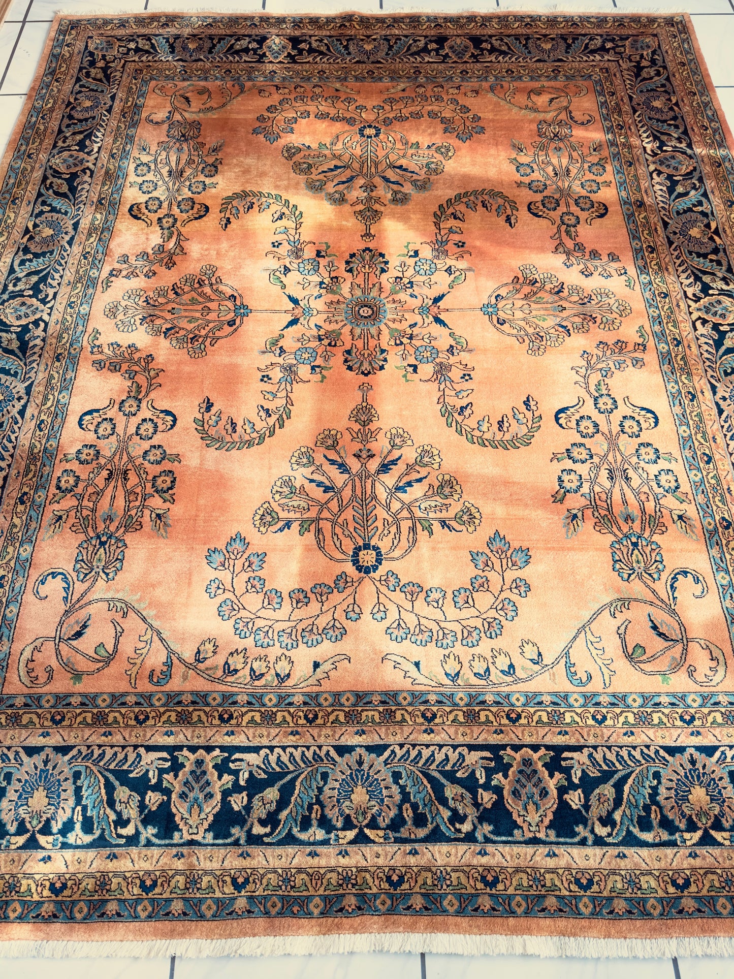 Hand-Knotted Indo-Sarouk Wool Rug – 8' x 10' – Peach Field with Navy Border - Tampa Home & Garden Store