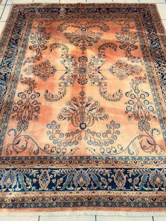 Hand-Knotted Indo-Sarouk Wool Rug – 8' x 10' – Peach Field with Navy Border - Tampa Home & Garden Store