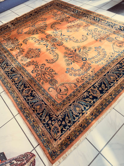 Hand-Knotted Indo-Sarouk Wool Rug – 8' x 10' – Peach Field with Navy Border - Tampa Home & Garden Store