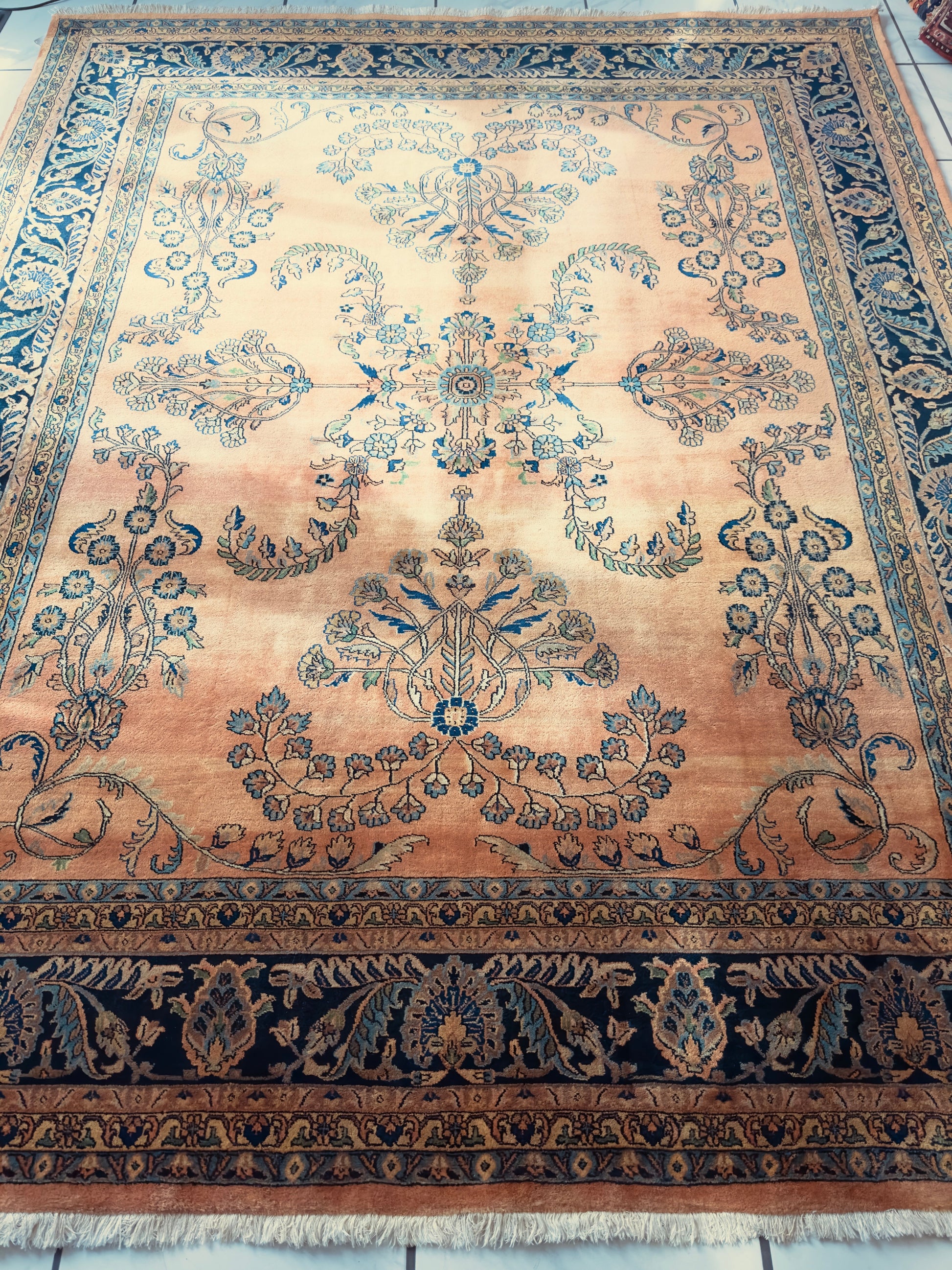 Hand-Knotted Indo-Sarouk Wool Rug – 8' x 10' – Peach Field with Navy Border - Tampa Home & Garden Store