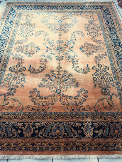 Hand-Knotted Indo-Sarouk Wool Rug – 8' x 10' – Peach Field with Navy Border - Tampa Home & Garden Store