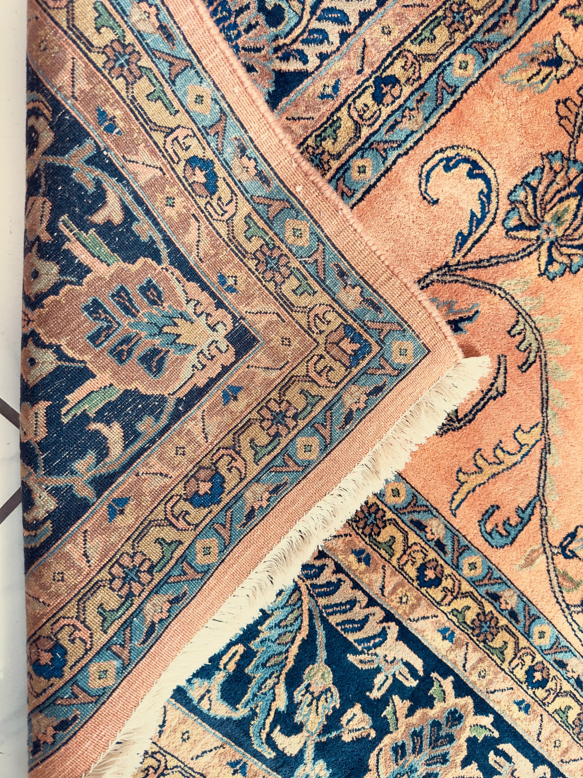 Hand-Knotted Indo-Sarouk Wool Rug – 8' x 10' – Peach Field with Navy Border - Tampa Home & Garden Store