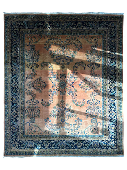 Hand-Knotted Indo-Sarouk Wool Rug – 8' x 10' – Peach Field with Navy Border - Tampa Home & Garden Store