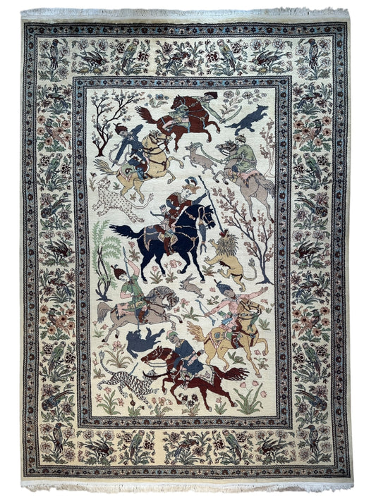 Hand-Knotted Lahore Hunting Scene Wool Rug – 8’ x 11’3” – Vintage 1950s Persian-Style Masterpiece - Tampa Home & Garden Store