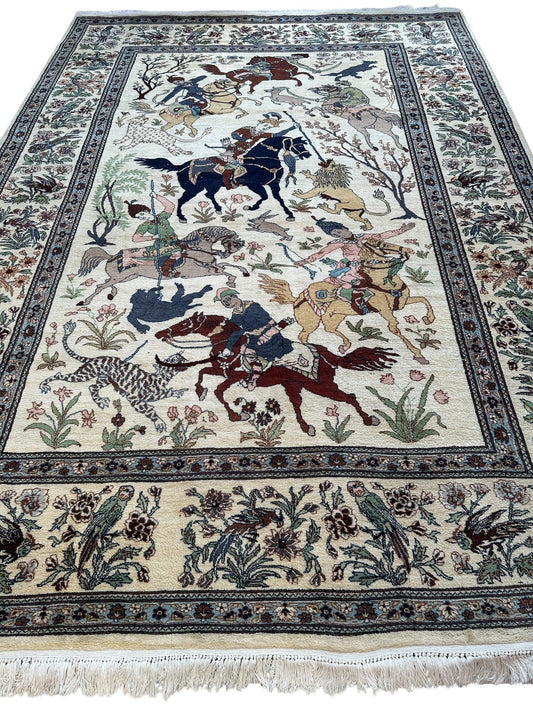 Hand-Knotted Lahore Hunting Scene Wool Rug – 8’ x 11’3” – Vintage 1950s Persian-Style Masterpiece - Tampa Home & Garden Store