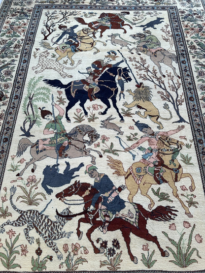 Hand-Knotted Lahore Hunting Scene Wool Rug – 8’ x 11’3” – Vintage 1950s Persian-Style Masterpiece - Tampa Home & Garden Store