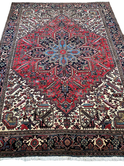 Hand-Knotted Persian Heriz Wool Rug – 9’ x 12’ – Geometric Medallion Design - Tampa Home & Garden Store