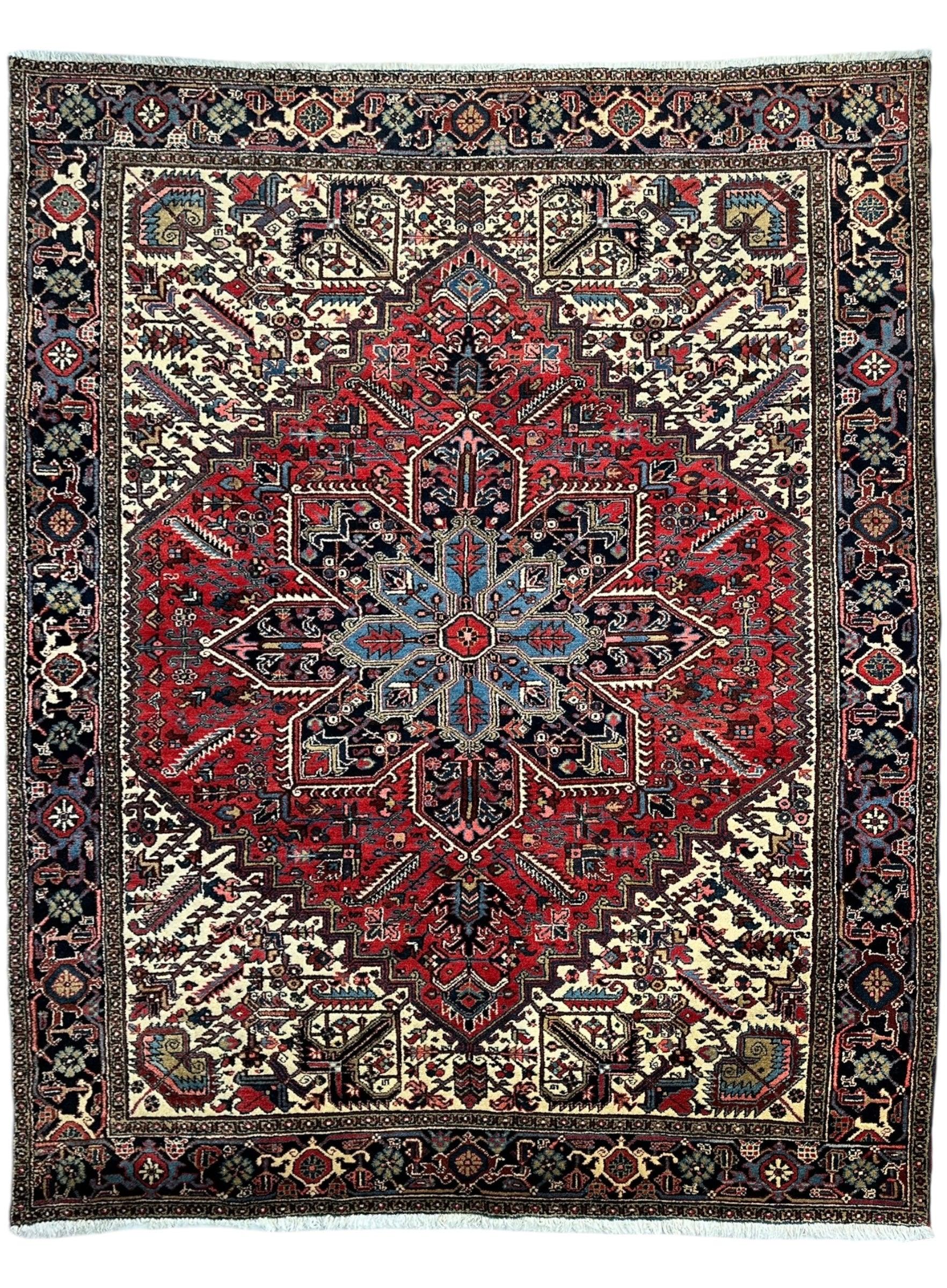 Hand-Knotted Persian Heriz Wool Rug – 9’ x 12’ – Geometric Medallion Design - Tampa Home & Garden Store