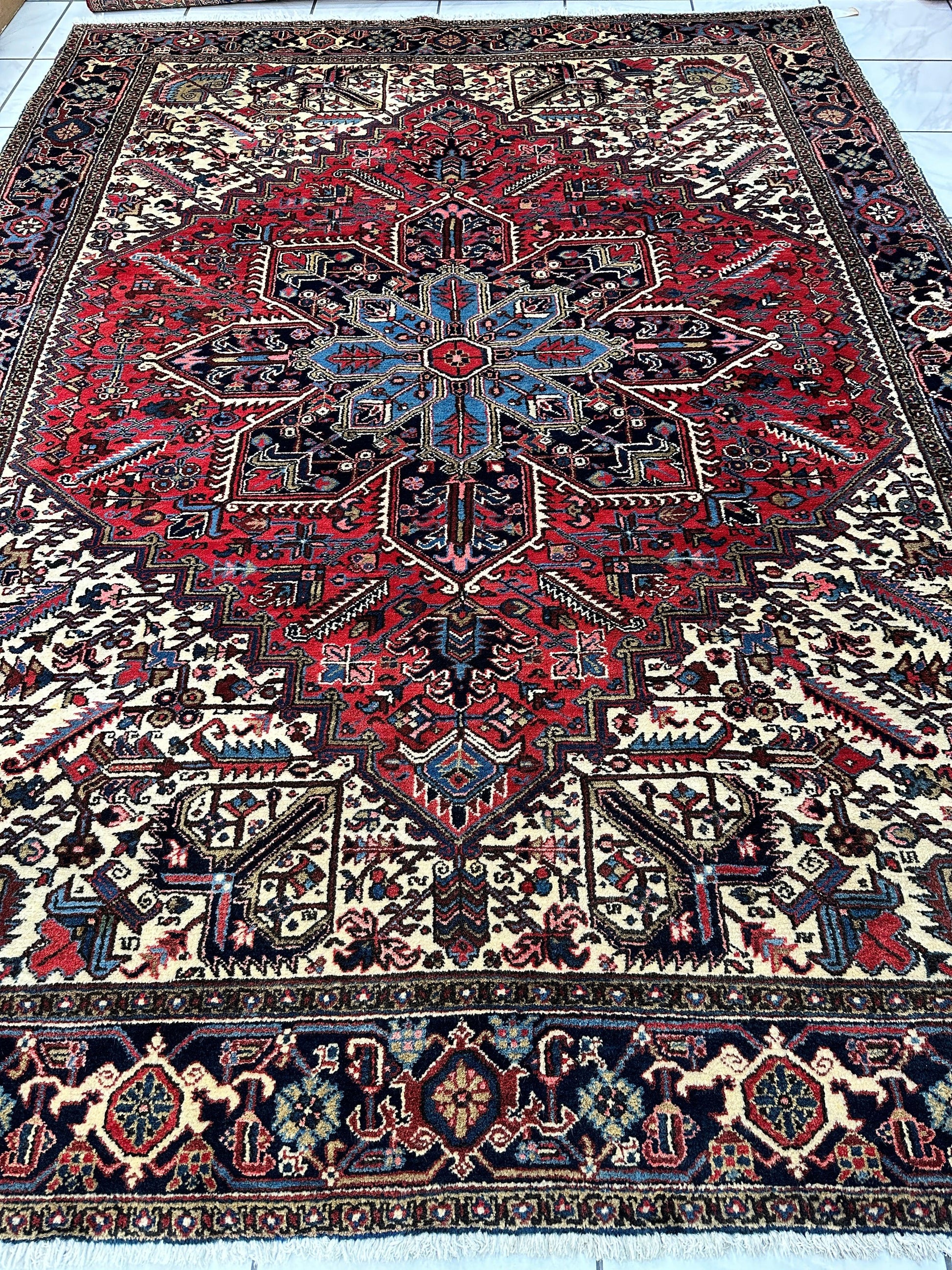 Hand-Knotted Persian Heriz Wool Rug – 9’ x 12’ – Geometric Medallion Design - Tampa Home & Garden Store