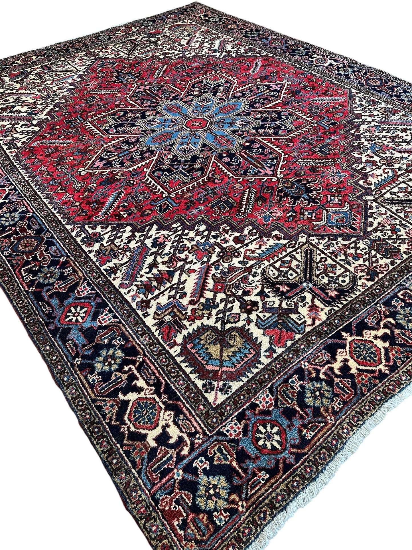 Hand-Knotted Persian Heriz Wool Rug – 9’ x 12’ – Geometric Medallion Design - Tampa Home & Garden Store