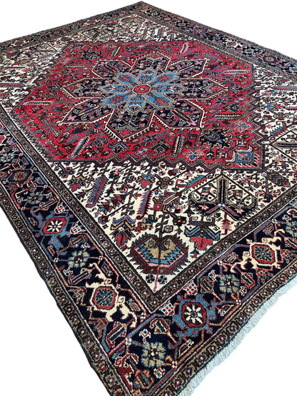 Hand-Knotted Persian Heriz Wool Rug – 9’ x 12’ – Geometric Medallion Design - Tampa Home & Garden Store