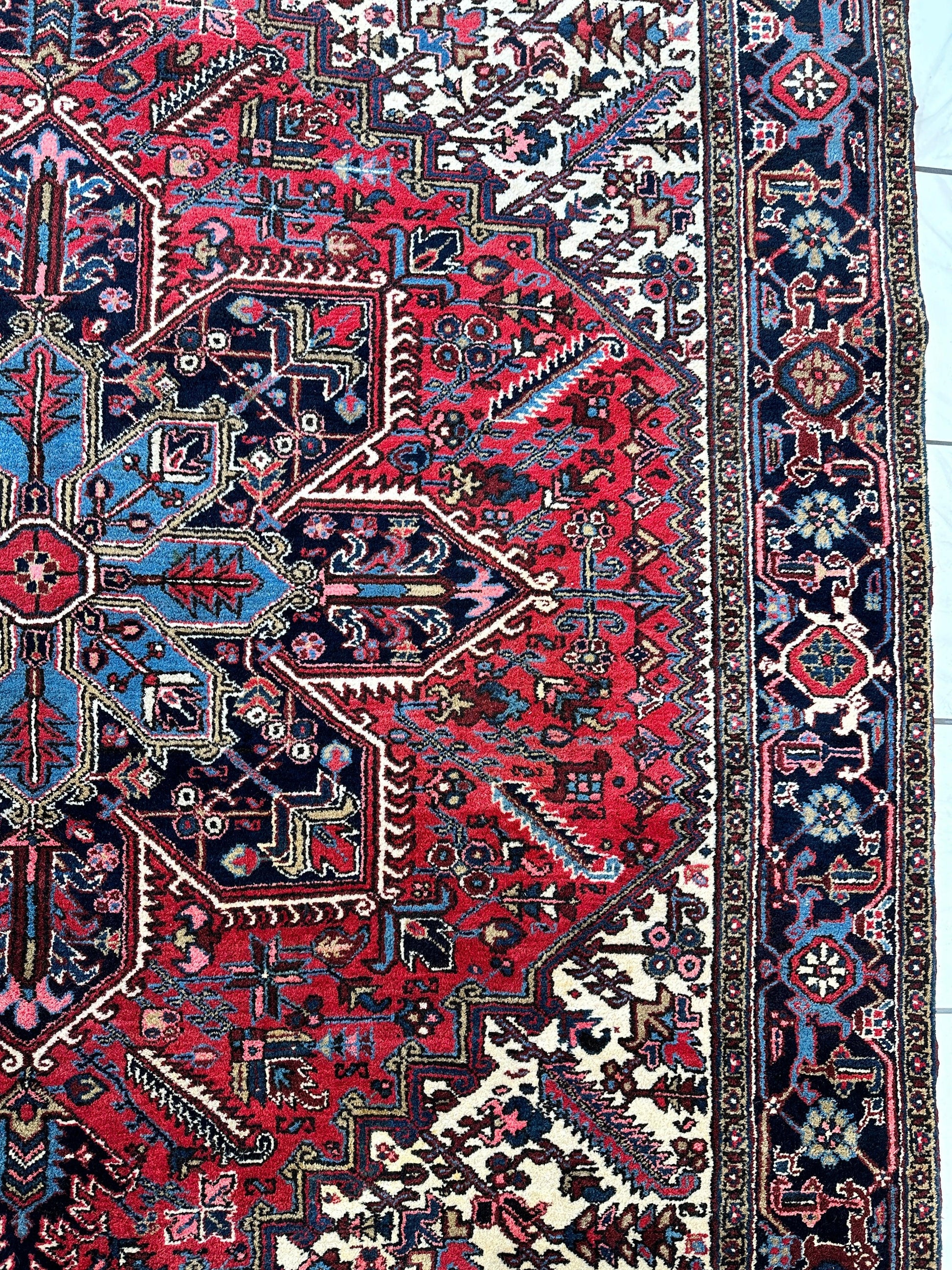 Hand-Knotted Persian Heriz Wool Rug – 9’ x 12’ – Geometric Medallion Design - Tampa Home & Garden Store