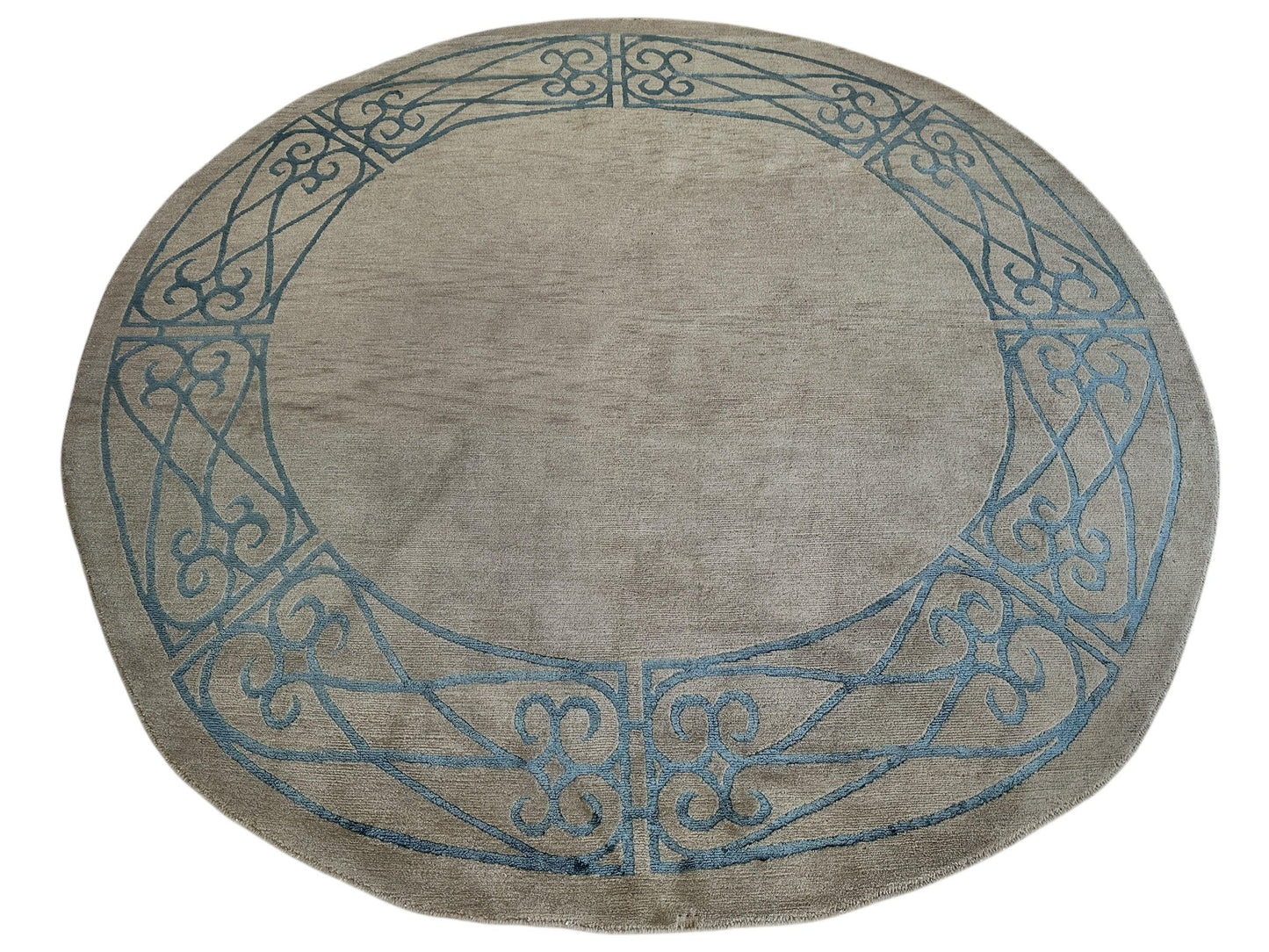Hand-Knotted Tibetan Rug - 6' x 6'1" Round - Wool & Silk - Elegant Blue Border Design - Tampa Home & Garden Store