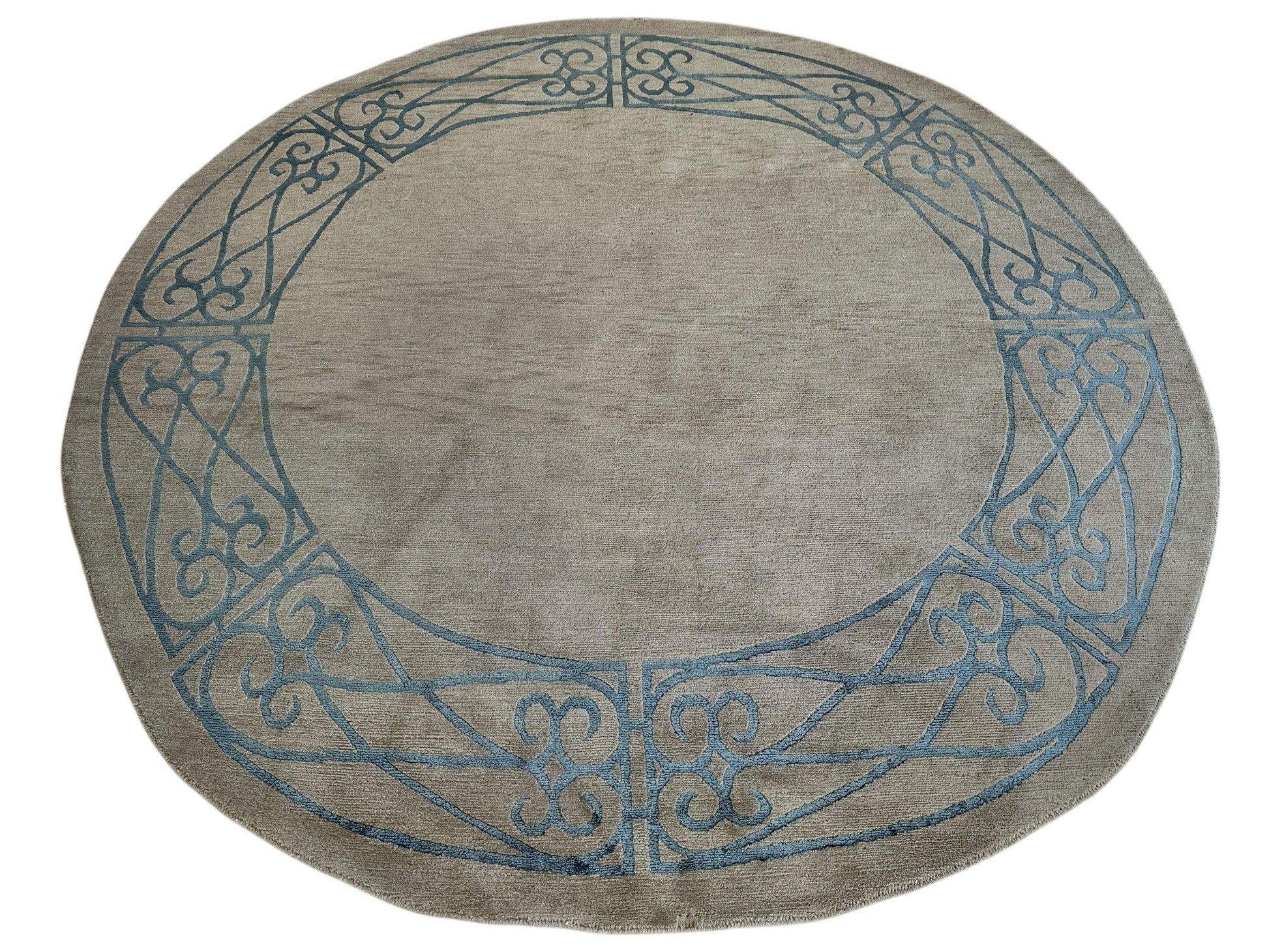 Hand-Knotted Tibetan Rug - 6' x 6'1" Round - Wool & Silk - Elegant Blue Border Design - Tampa Home & Garden Store
