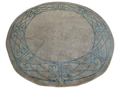 Hand-Knotted Tibetan Rug - 6' x 6'1" Round - Wool & Silk - Elegant Blue Border Design - Tampa Home & Garden Store