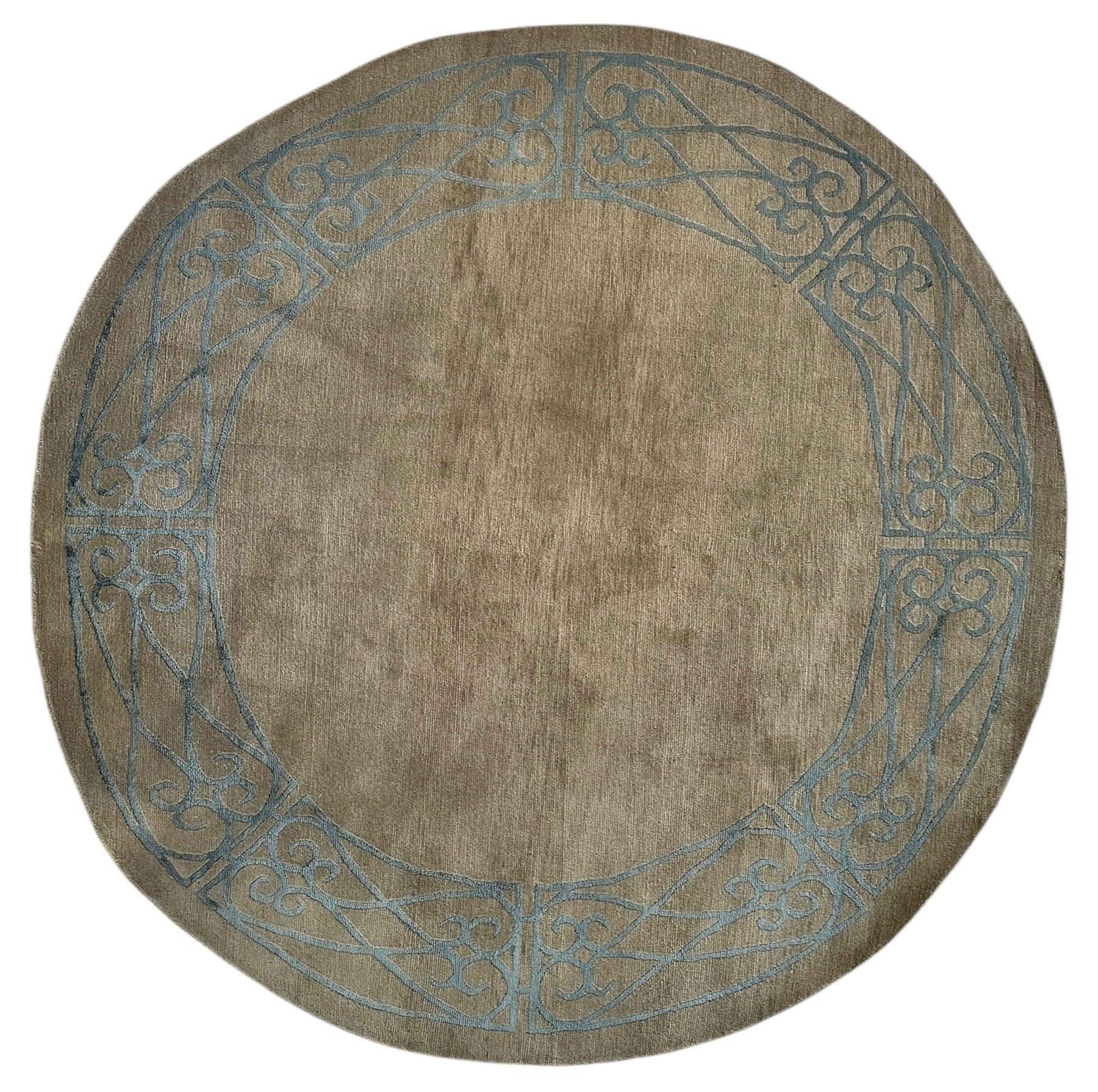 Hand-Knotted Tibetan Rug - 6' x 6'1" Round - Wool & Silk - Elegant Blue Border Design - Tampa Home & Garden Store