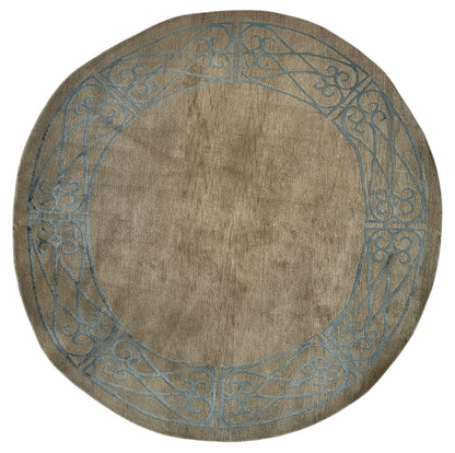 Hand-Knotted Tibetan Rug - 6' x 6'1" Round - Wool & Silk - Elegant Blue Border Design - Tampa Home & Garden Store