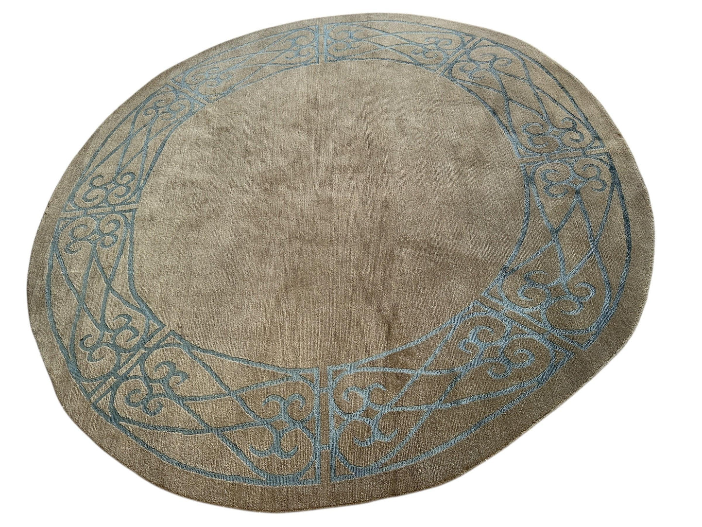 Hand-Knotted Tibetan Rug - 6' x 6'1" Round - Wool & Silk - Elegant Blue Border Design - Tampa Home & Garden Store