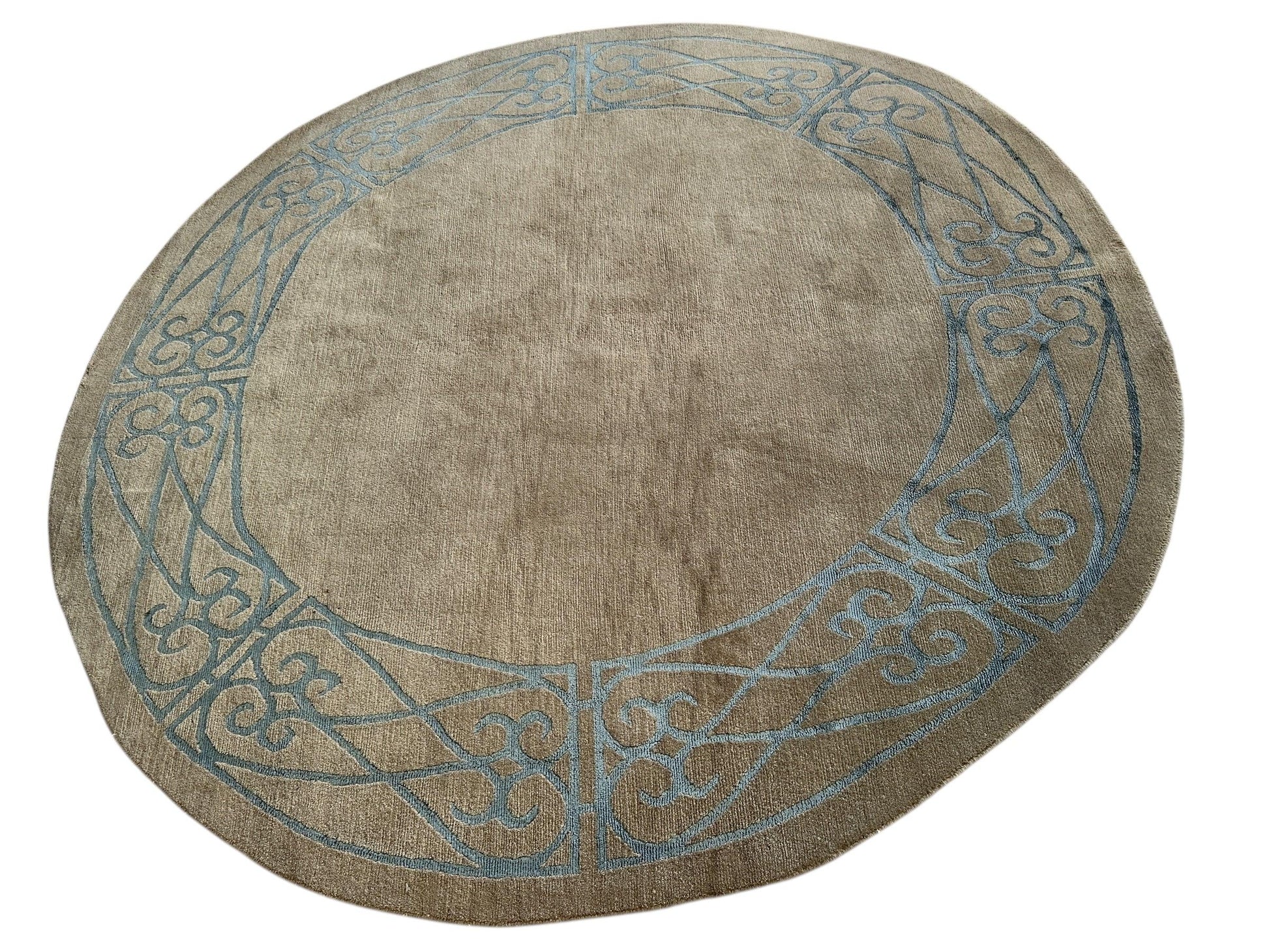 Hand-Knotted Tibetan Rug - 6' x 6'1" Round - Wool & Silk - Elegant Blue Border Design - Tampa Home & Garden Store