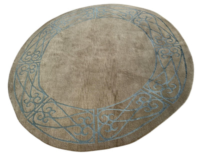 Hand-Knotted Tibetan Rug - 6' x 6'1" Round - Wool & Silk - Elegant Blue Border Design - Tampa Home & Garden Store