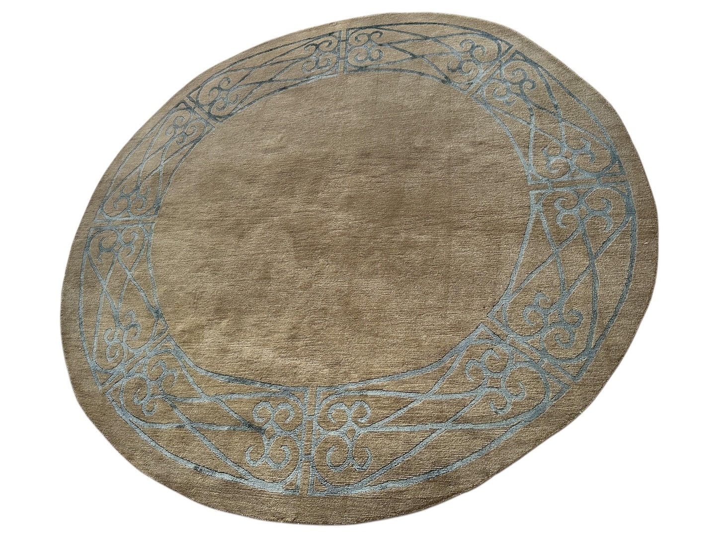 Hand-Knotted Tibetan Rug - 6' x 6'1" Round - Wool & Silk - Elegant Blue Border Design - Tampa Home & Garden Store