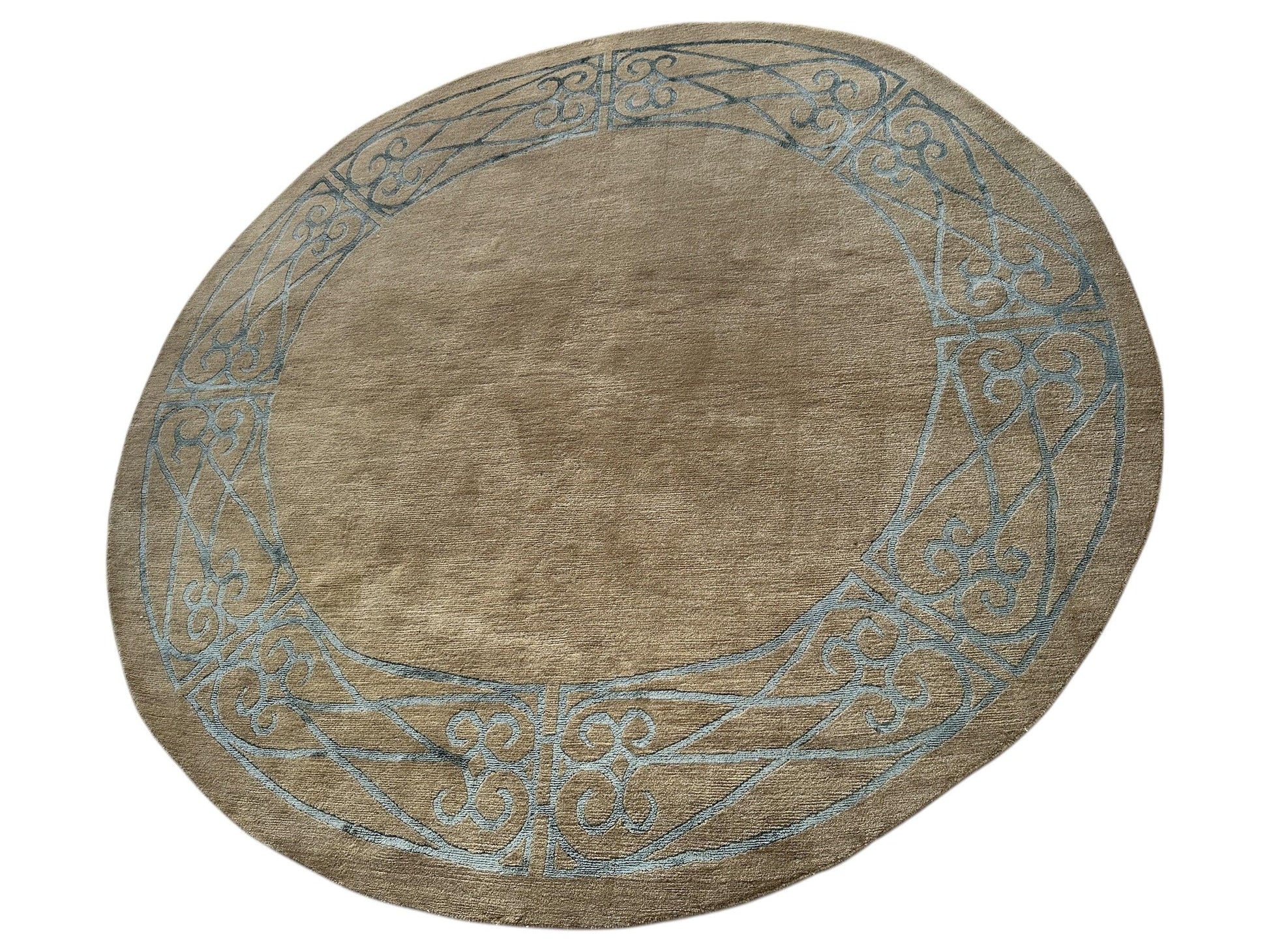 Hand-Knotted Tibetan Rug - 6' x 6'1" Round - Wool & Silk - Elegant Blue Border Design - Tampa Home & Garden Store