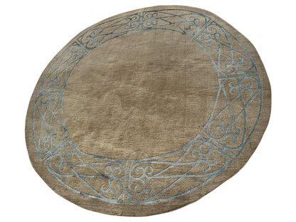 Hand-Knotted Tibetan Rug - 6' x 6'1" Round - Wool & Silk - Elegant Blue Border Design - Tampa Home & Garden Store