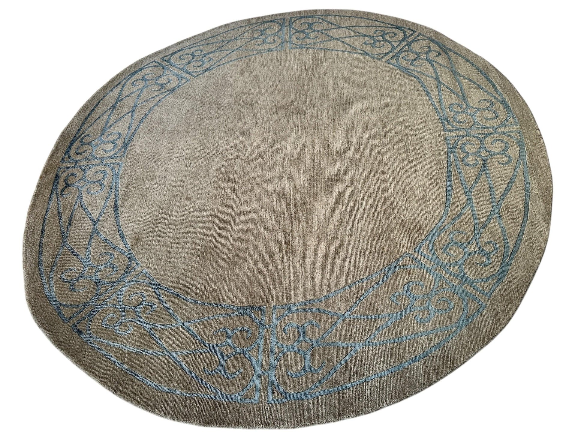 Hand-Knotted Tibetan Rug - 6' x 6'1" Round - Wool & Silk - Elegant Blue Border Design - Tampa Home & Garden Store