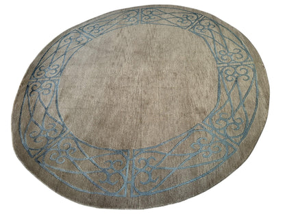 Hand-Knotted Tibetan Rug - 6' x 6'1" Round - Wool & Silk - Elegant Blue Border Design - Tampa Home & Garden Store
