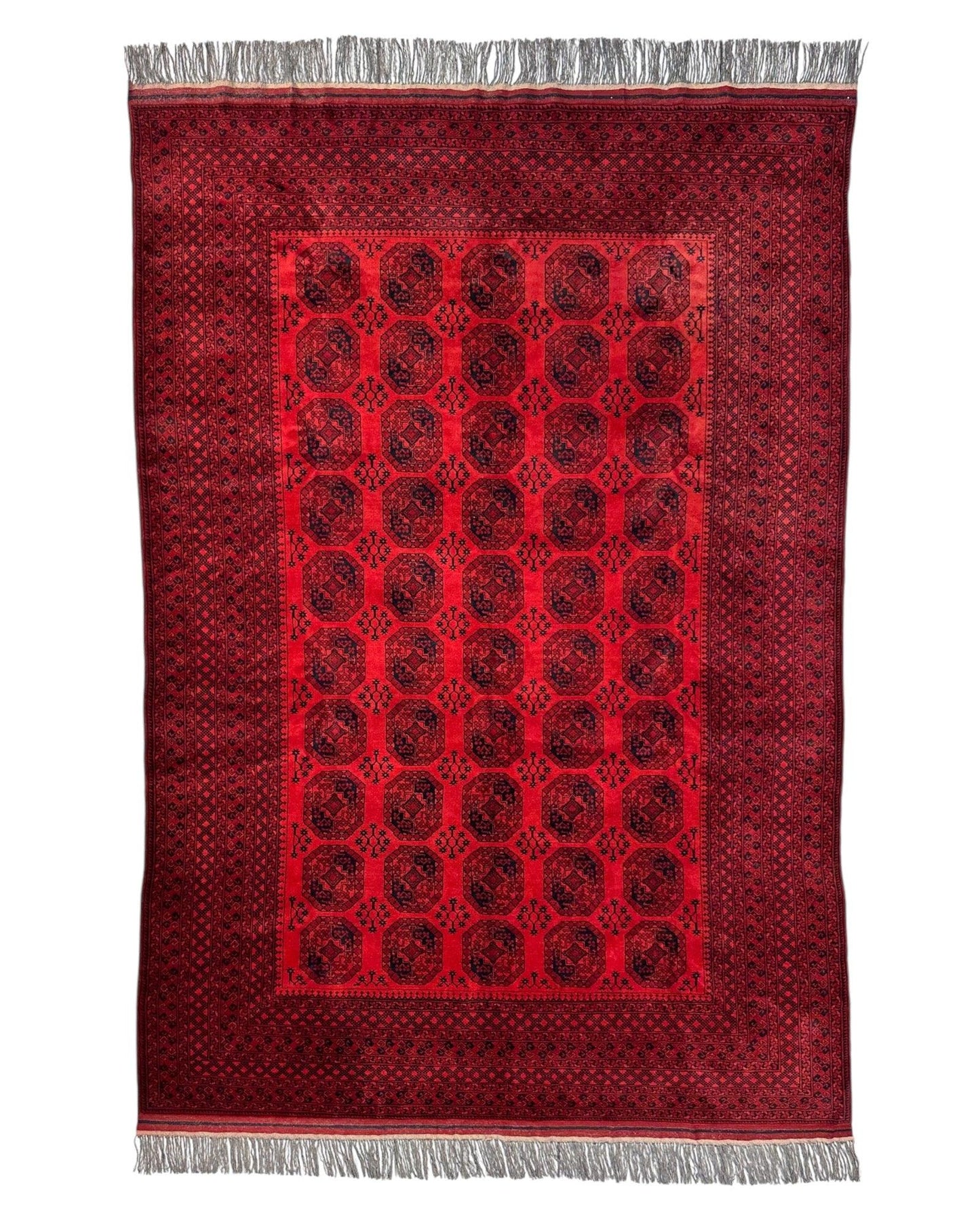 Hand-Knotted Turkoman Ersari Wool Rug – 6’7” x 9’6” – Rich Red Tones, Geometric Design - Tampa Home & Garden Store