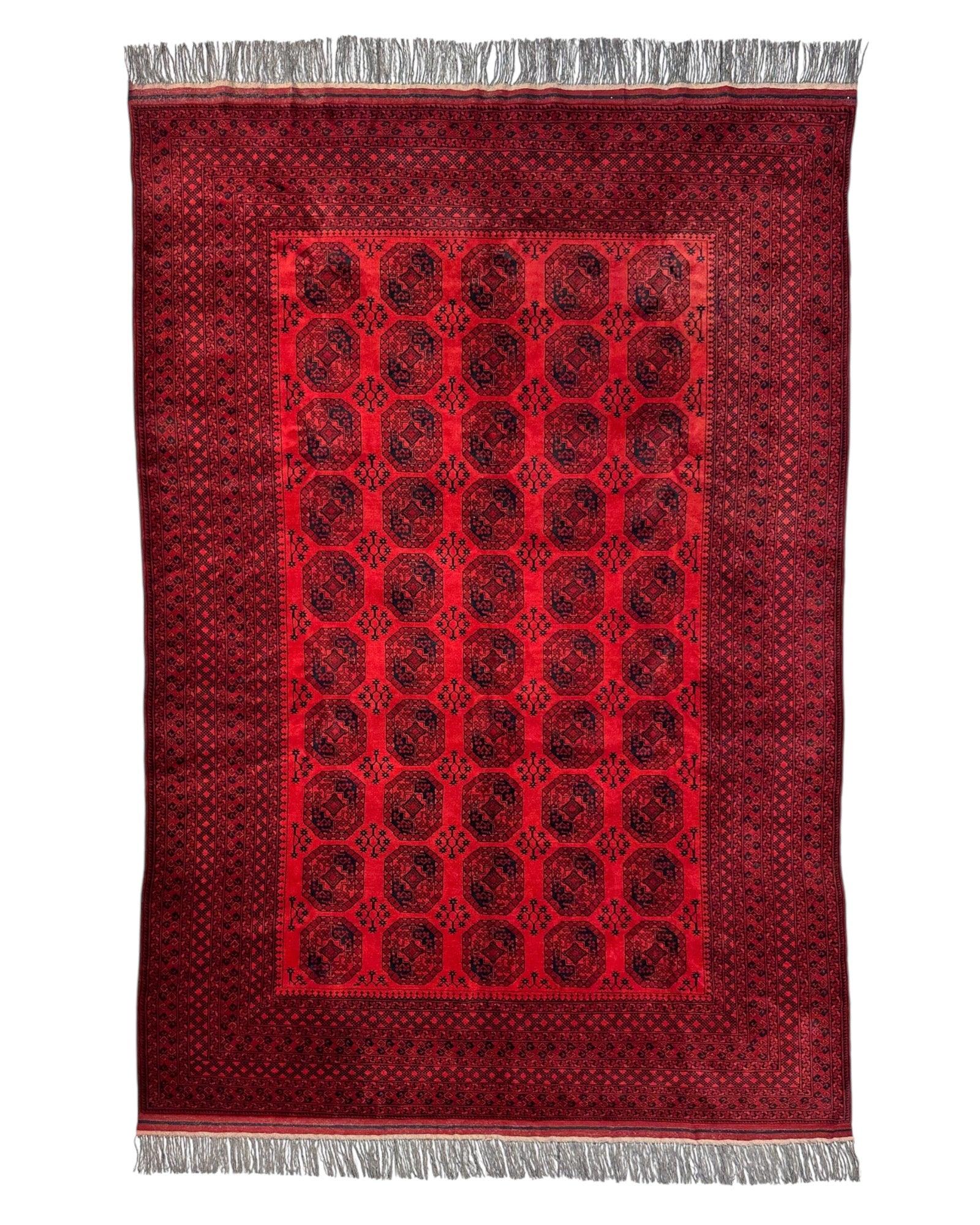 Hand-Knotted Turkoman Ersari Wool Rug – 6’7” x 9’6” – Rich Red Tones, Geometric Design - Tampa Home & Garden Store