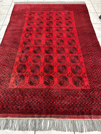 Hand-Knotted Turkoman Ersari Wool Rug – 6’7” x 9’6” – Rich Red Tones, Geometric Design - Tampa Home & Garden Store