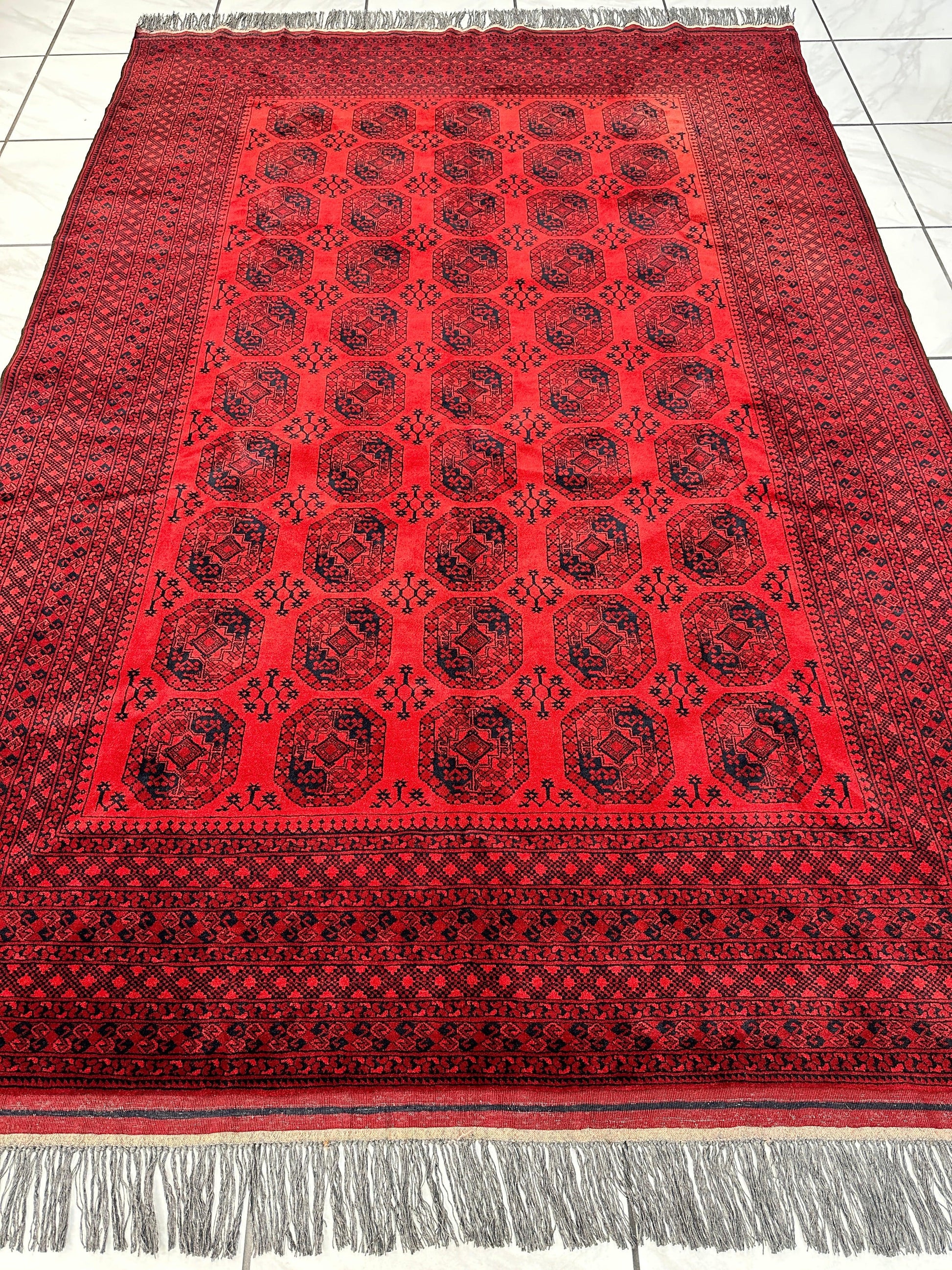 Hand-Knotted Turkoman Ersari Wool Rug – 6’7” x 9’6” – Rich Red Tones, Geometric Design - Tampa Home & Garden Store