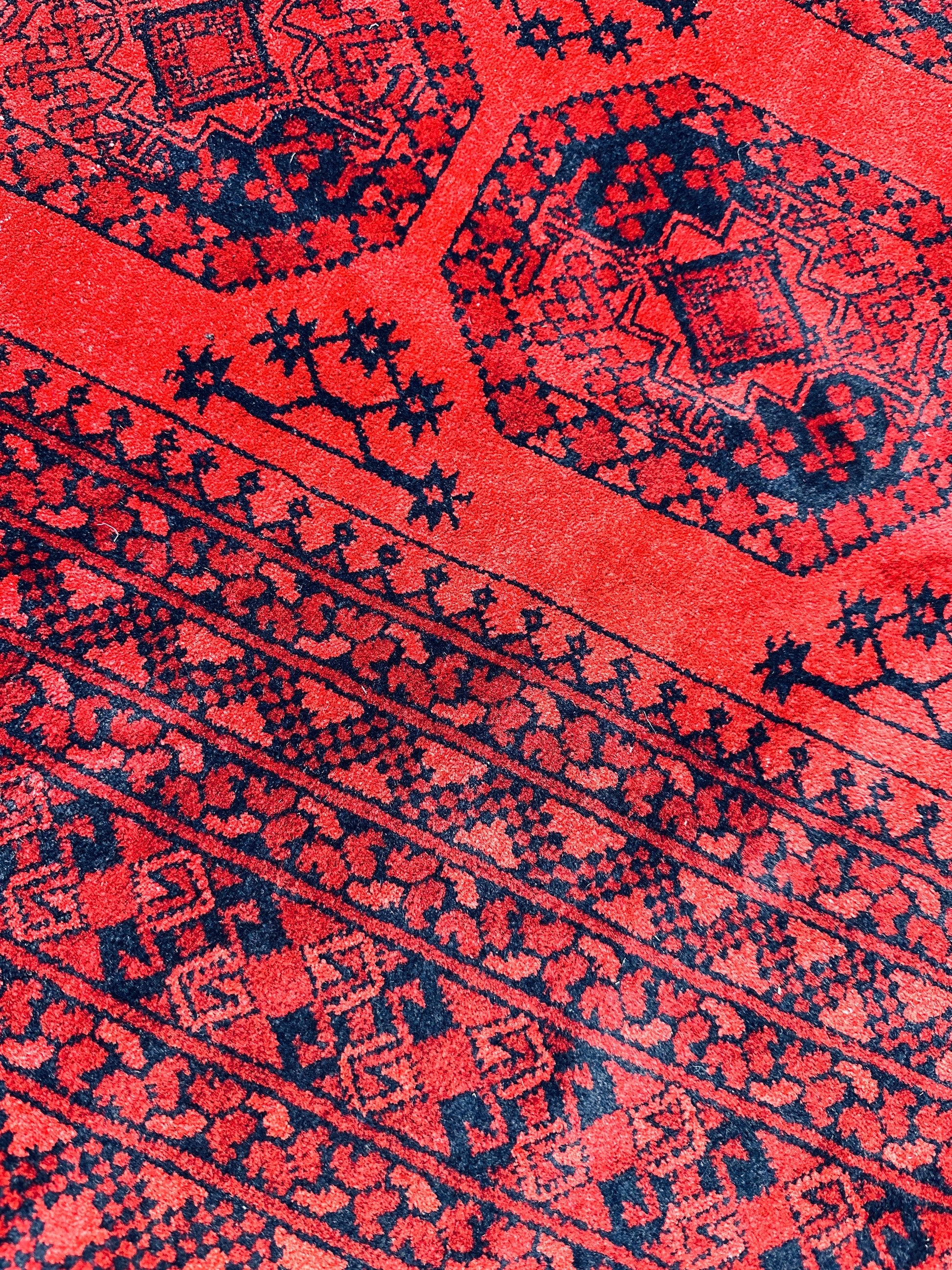 Hand-Knotted Turkoman Ersari Wool Rug – 6’7” x 9’6” – Rich Red Tones, Geometric Design - Tampa Home & Garden Store