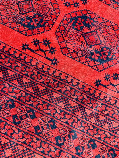 Hand-Knotted Turkoman Ersari Wool Rug – 6’7” x 9’6” – Rich Red Tones, Geometric Design - Tampa Home & Garden Store