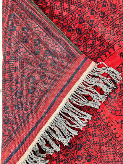 Hand-Knotted Turkoman Ersari Wool Rug – 6’7” x 9’6” – Rich Red Tones, Geometric Design - Tampa Home & Garden Store