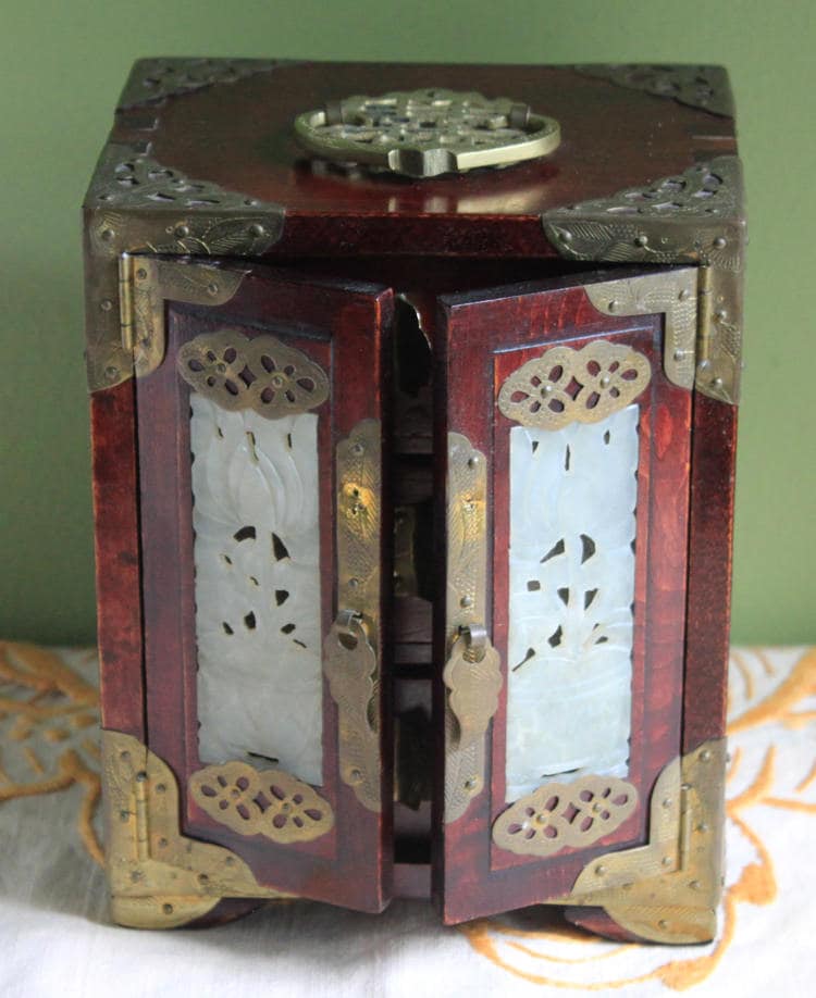 Hand Made Wooden Jewelry Cabinet with Drawers.  Box with Jade Inserts on Doors, Brass Hardware and Handle. Vintage Mini Cabinet. - Tampa Home & Garden Store