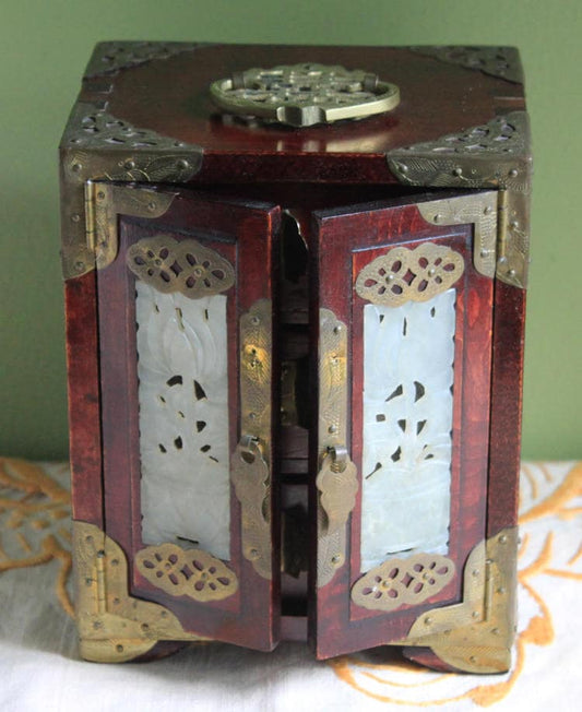 Hand Made Wooden Jewelry Cabinet with Drawers.  Box with Jade Inserts on Doors, Brass Hardware and Handle. Vintage Mini Cabinet. - Tampa Home & Garden Store