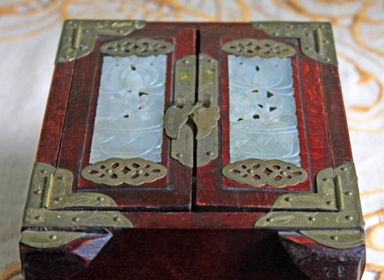 Hand Made Wooden Jewelry Cabinet with Drawers.  Box with Jade Inserts on Doors, Brass Hardware and Handle. Vintage Mini Cabinet. - Tampa Home & Garden Store