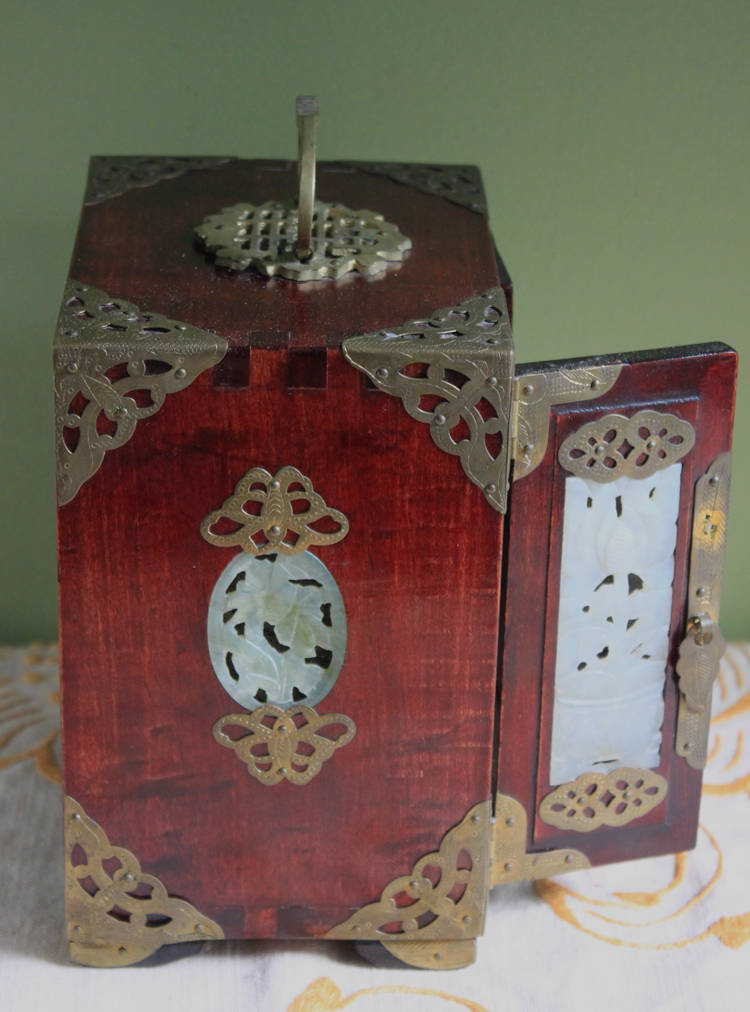 Hand Made Wooden Jewelry Cabinet with Drawers.  Box with Jade Inserts on Doors, Brass Hardware and Handle. Vintage Mini Cabinet. - Tampa Home & Garden Store