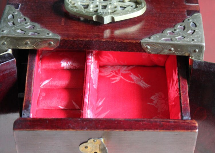 Hand Made Wooden Jewelry Cabinet with Drawers.  Box with Jade Inserts on Doors, Brass Hardware and Handle. Vintage Mini Cabinet. - Tampa Home & Garden Store