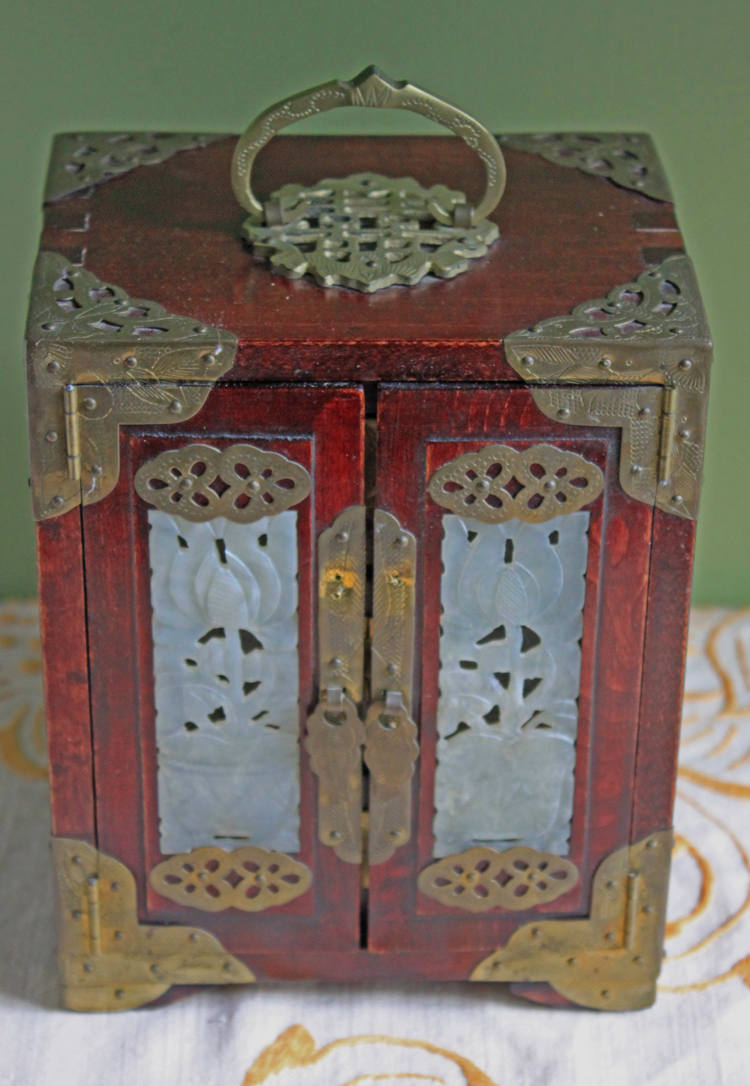 Hand Made Wooden Jewelry Cabinet with Drawers.  Box with Jade Inserts on Doors, Brass Hardware and Handle. Vintage Mini Cabinet. - Tampa Home & Garden Store