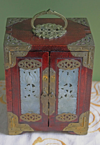 Hand Made Wooden Jewelry Cabinet with Drawers.  Box with Jade Inserts on Doors, Brass Hardware and Handle. Vintage Mini Cabinet. - Tampa Home & Garden Store