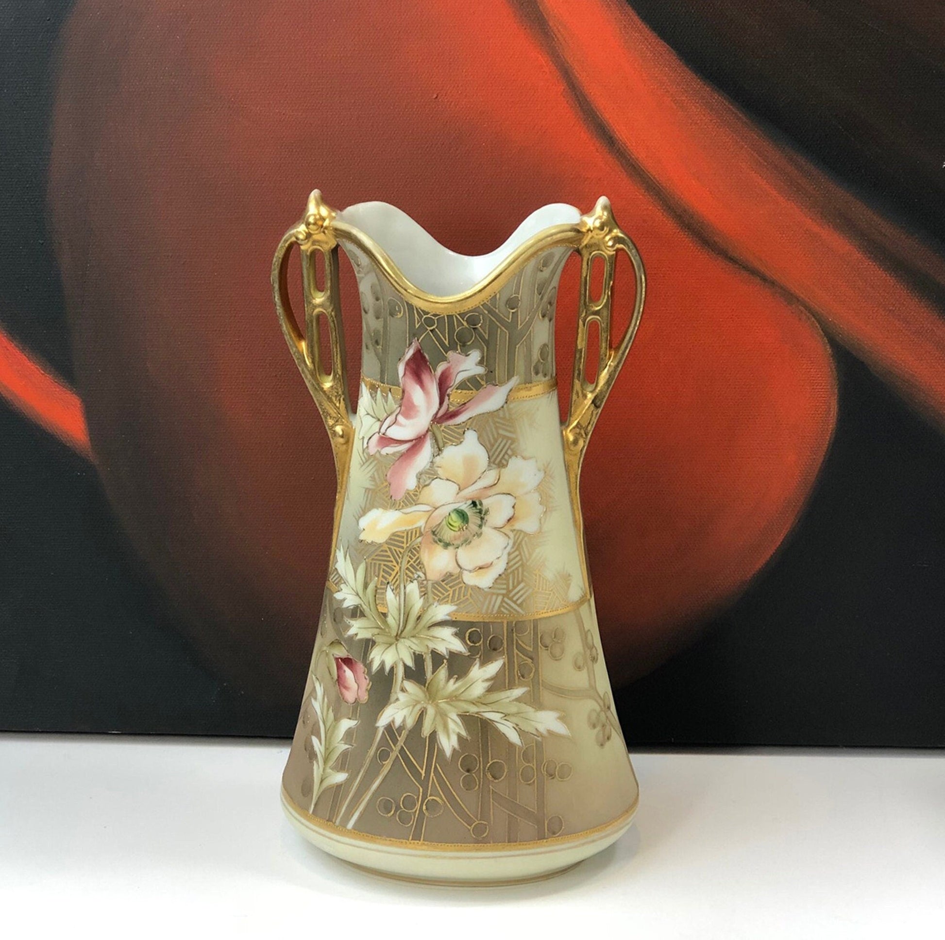 Hand Painted Art Nouveau Vase by Nippon. Antique Vase Made in Japan, Champagne Gold Pink Cream Colors. - Tampa Home & Garden Store