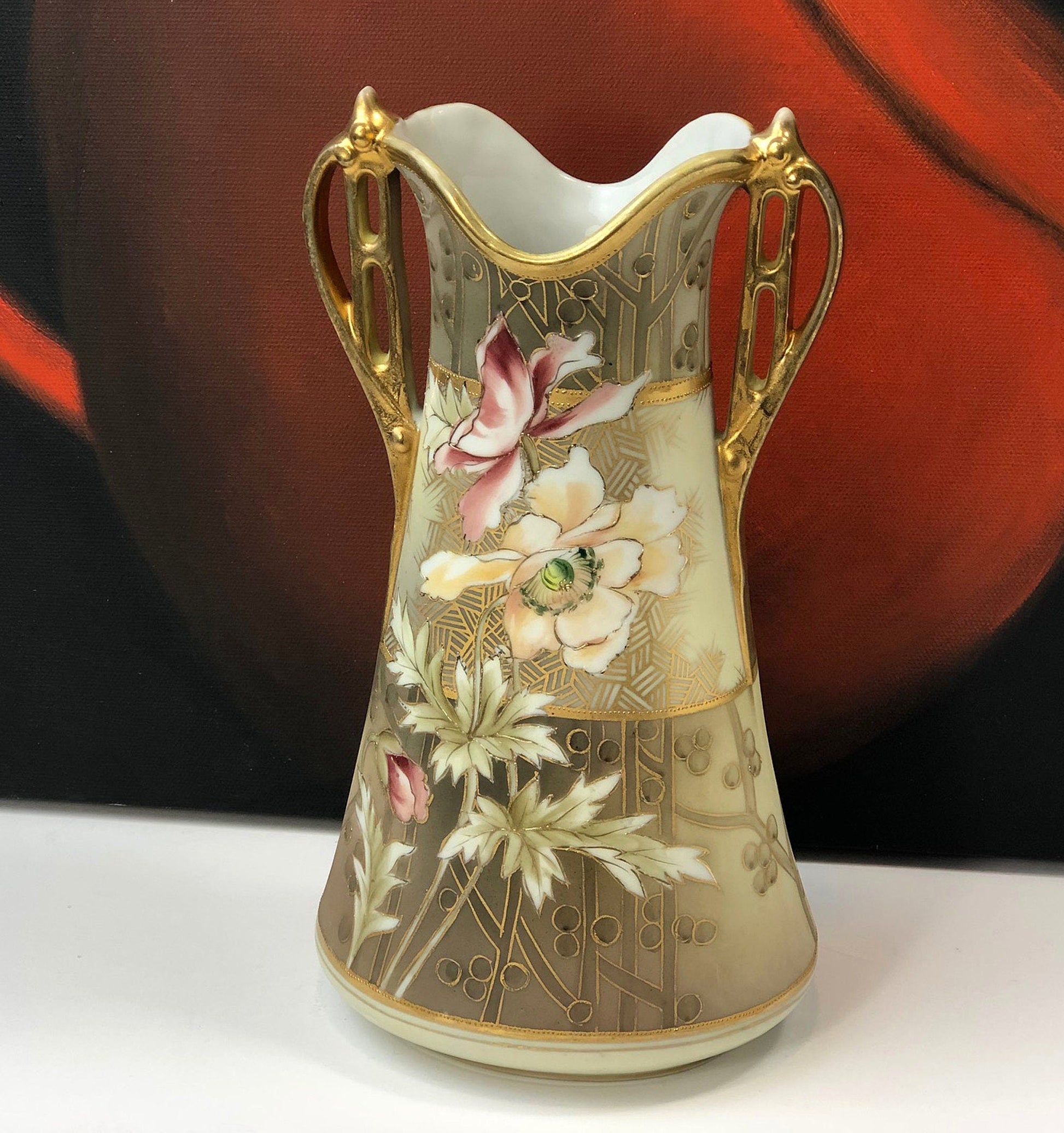 Hand Painted Art Nouveau Vase by Nippon. Antique Vase Made in Japan, Champagne Gold Pink Cream Colors. - Tampa Home & Garden Store