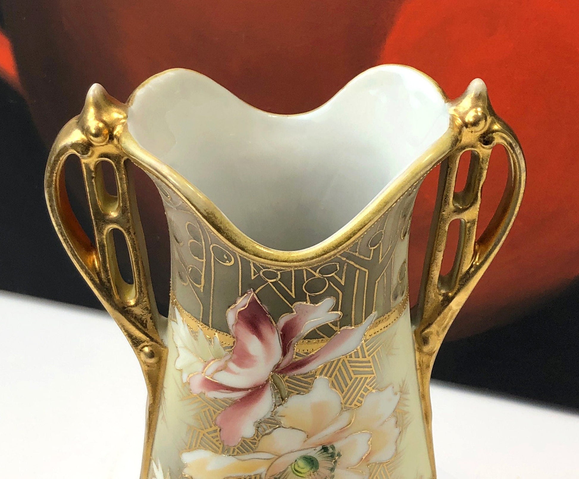 Hand Painted Art Nouveau Vase by Nippon. Antique Vase Made in Japan, Champagne Gold Pink Cream Colors. - Tampa Home & Garden Store