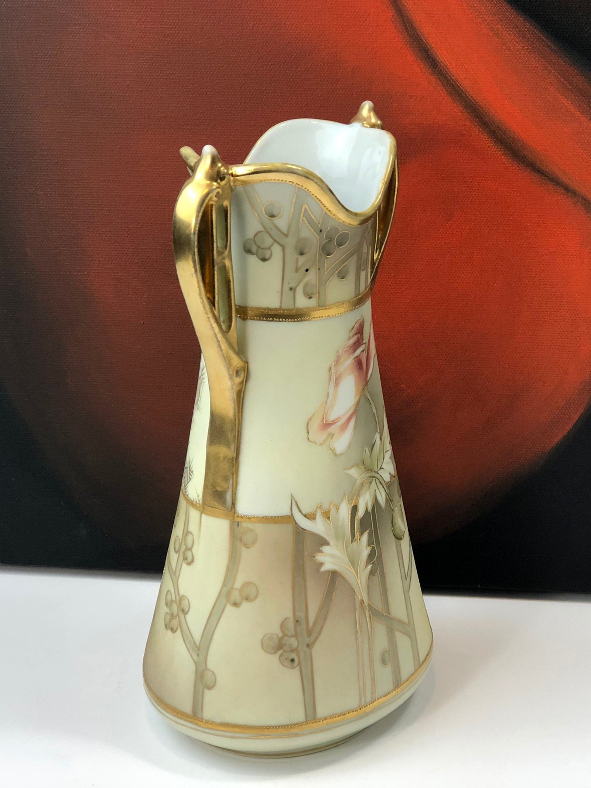 Hand Painted Art Nouveau Vase by Nippon. Antique Vase Made in Japan, Champagne Gold Pink Cream Colors. - Tampa Home & Garden Store