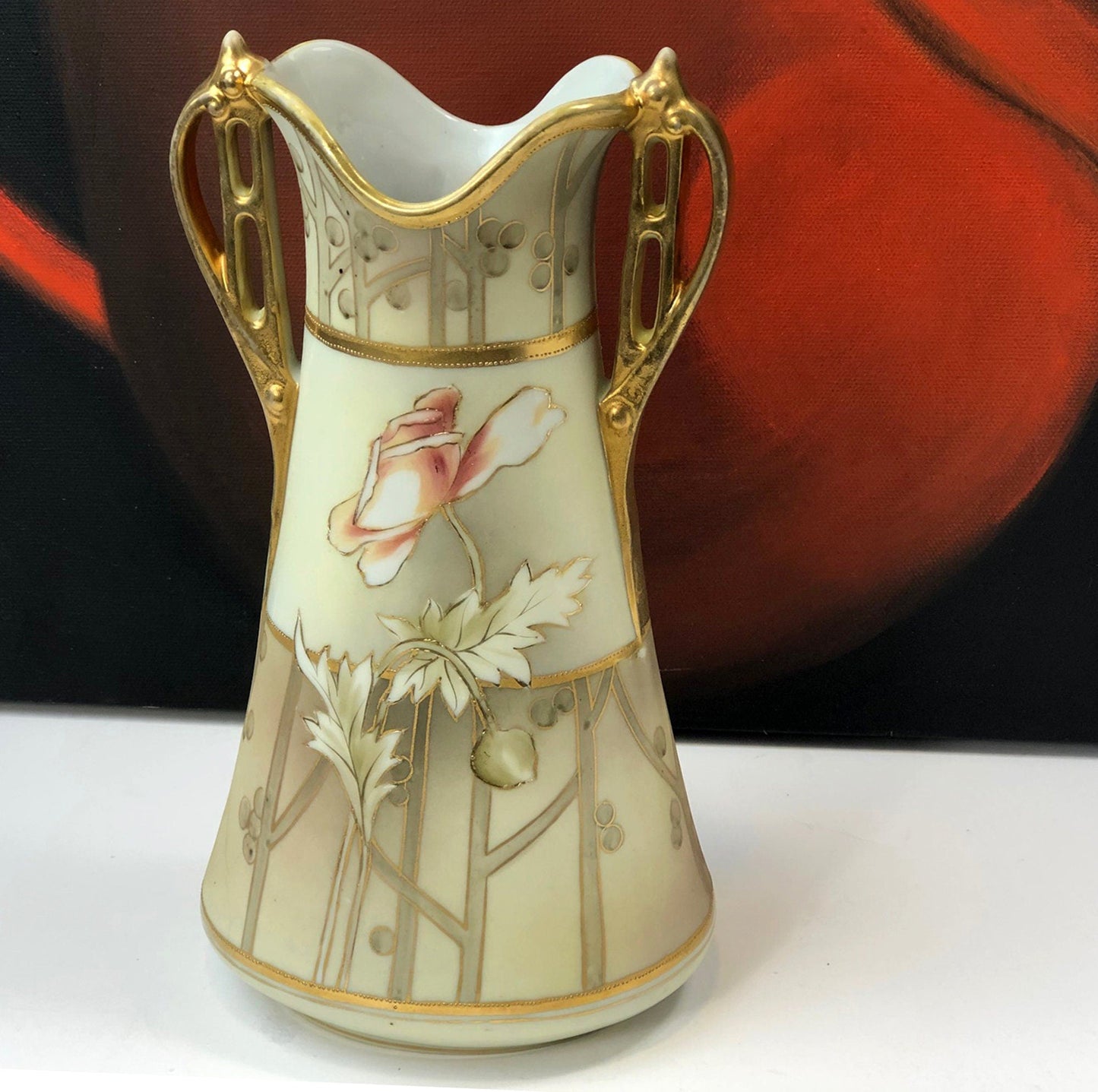 Hand Painted Art Nouveau Vase by Nippon. Antique Vase Made in Japan, Champagne Gold Pink Cream Colors. - Tampa Home & Garden Store